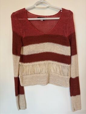 Only Striped V‑Neck Fringe Sweater in Rust & Cream
